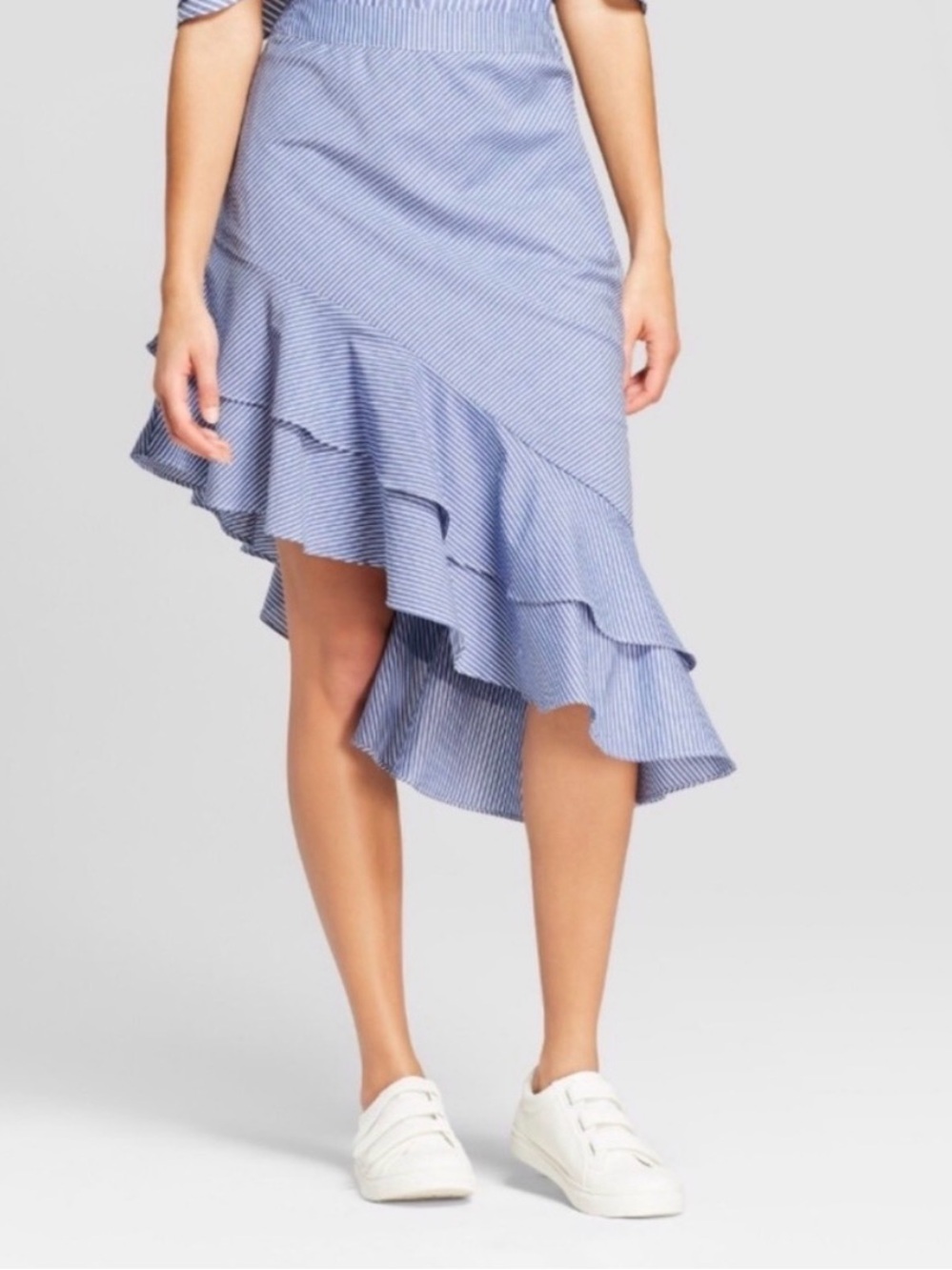 A New Day Blue White Striped Asymmetrical Ruffle Hem Tiered Skirt Size 18